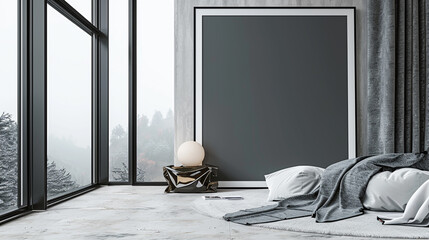 Black blank frame set against gray wool curtains in a modern art gallery, contemporary ambiance.