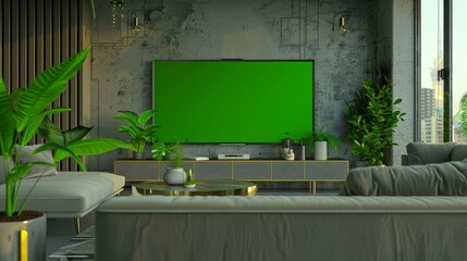 A Horizontal Mock-up of a Colour Key Green Screen Display on a TV Set in a Modern Living Room. Smart Television Set, Sofa, Potted Plant in a Modern Apartment. Domestic Cinema Concept.