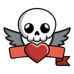 Skull with angel wings holding a shattered heart. Incorporate a vintage tattoo style with a scroll banner below the heart for personalized messages