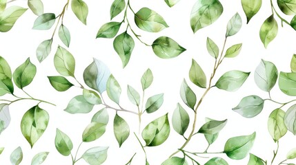 Floral pattern in watercolor of green leaves and branches on white background, perfect for the decoration of wrappers, wallpapers, postcards, greeting cards, wedding invitations and other romantic
