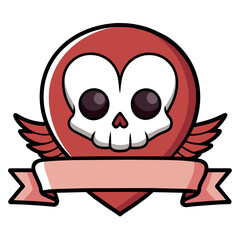 Skull with angel wings holding a shattered heart. Incorporate a vintage tattoo style with a scroll banner below the heart for personalized messages