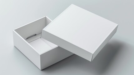 A realistic white cardboard box with paper and a sticker on a light background. A mock up of a business gift.