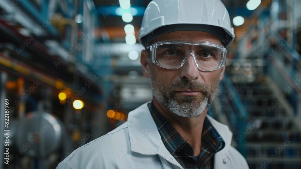 Poster A close-up of an experienced, successful male engineer in a white hard hat and safety glasses posing for the camera at an electronics manufacturing factory.