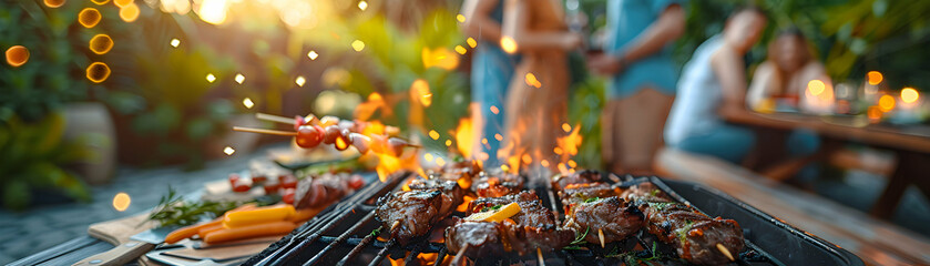 Joyful Friends at Barbeque Party in Backyard, Symbolizing Friendship and Relaxation over Delicious Food   Photo Realistic Image in Adobe Stock