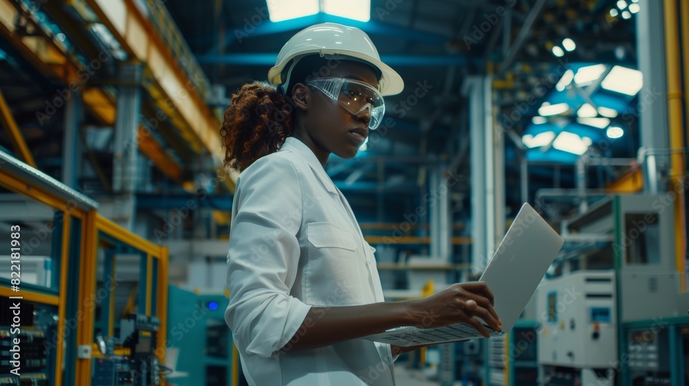 Sticker Photograph of a black female engineer wearing a hard hat and using a laptop computer at an electronics factory. The technician works on everyday tasks and research and development data.