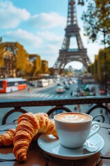 coffee and croissants against the background of the Eiffel Tower. Selective focus