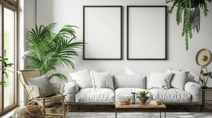 Frame mockup in farmhouse living room, 3D render