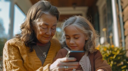 Grannie showing her granddaughter photos and videos while holding her smartphone. A Sweet Teenage Granddaughter Hugging Her Grandma. Relatives Sitting on a Porch at the End of a Warm Day.