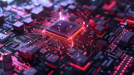 Abstract technology background featuring a quantum computing system with a processor and electronic circuits, artificial neurons, and global data connections.