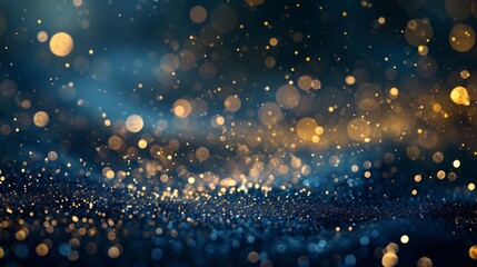 Obraz premium Background with dark blue and gold particles. Christmas golden light shine particles bokeh on navy blue background. Gold foil texture. Holiday concept.