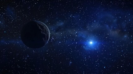 A captivating deep space scene featuring a large, vivid blue planet set against the infinite darkness of space. 