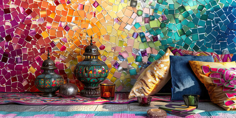 Fototapeta premium Eccentric Charm: Blending Hues, Textured Textiles, and Whimsical Accents for a Bohemian Aesthetic