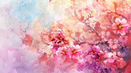 Sakura floral composition on a scenic watercolor background