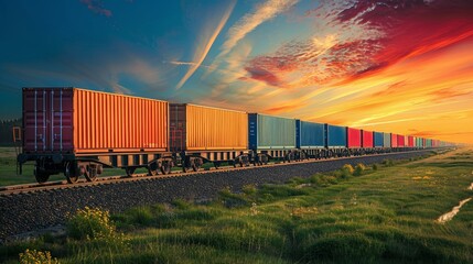 The wagon of a freight train with containers in the sky as a background