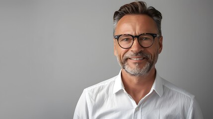 Obraz premium Portrait of smiling middle aged businessman wearing white shirt and glasses standing over grey background, mockup for your design. 