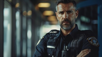 Police Officer with Crossed Arms Looking at Camera. Cop maintains public order and safety, enforces the law, prevents and investigates crime. Cinematic portrait.