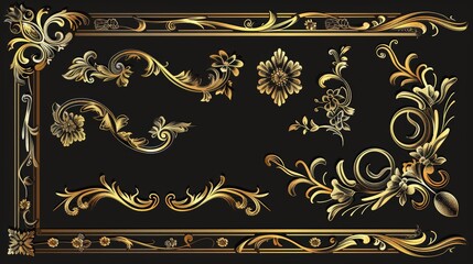 There are horizontal floral elements, corners, borders, and frames in this modern set of gold decorative elements