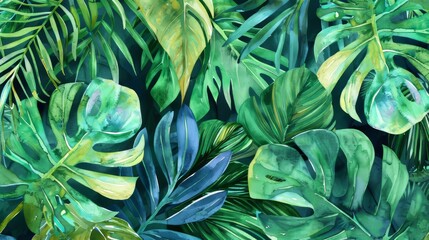 Illustration of tropical leaves. Hand painted. Banner with tropic summertime motif will complement backgrounds, wrapping papers, textile designs, and wallpapers.