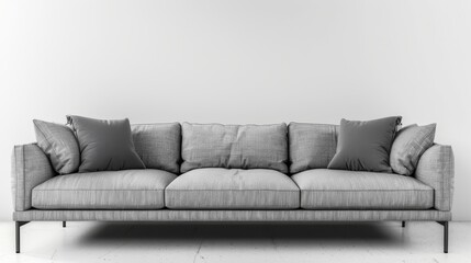 Interior wall mockup showing gray fabric sofas and pillows on white background, with free space on right. 3D rendering.