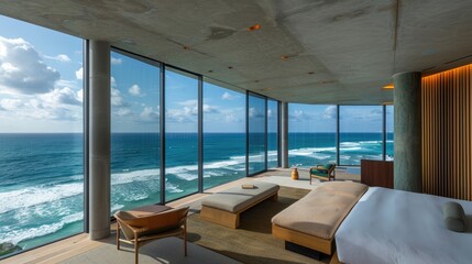 Fototapeta premium beachside bedroom with light, breezy decor, offering sweeping ocean vistas and incorporating natural materials for a soothing ambiance.