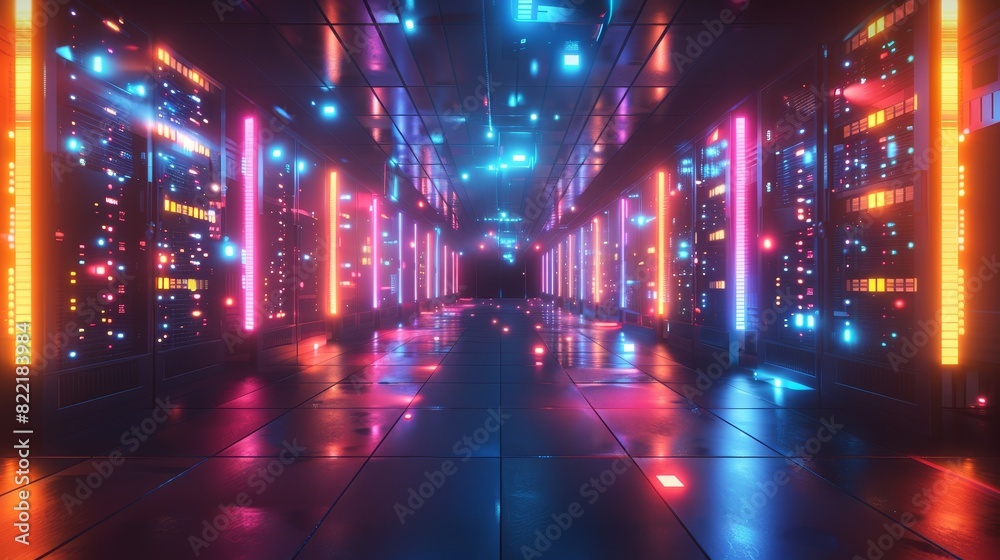 Poster an illustration of a server room containing a node-based programming data design element in 3d.