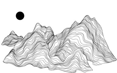 Mountain futuristic illustration hand drawn.  Wavy lines for background. Nature sketch. Abstract landscape.
