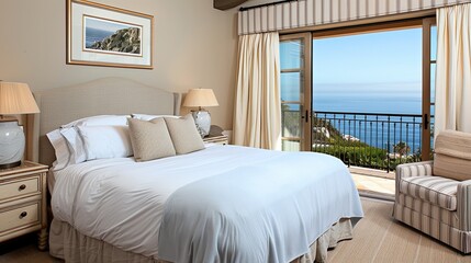 beachside bedroom with light, breezy decor, offering sweeping ocean vistas and incorporating natural materials for a soothing ambiance.