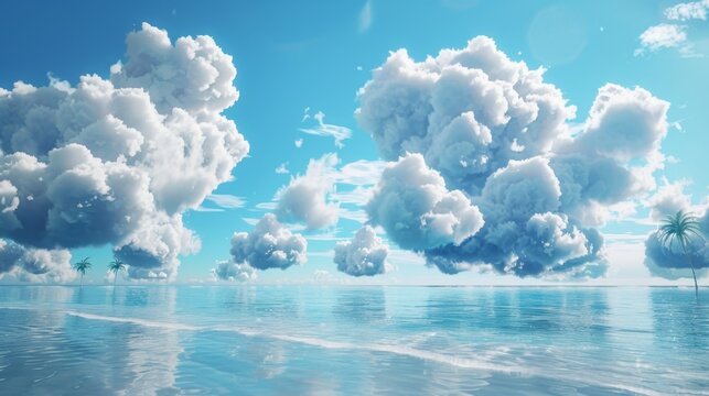 A tranquil beach scene with clouds made of virtual wallets embodying the convenience and ease of storing your crypto assets in the cloud.