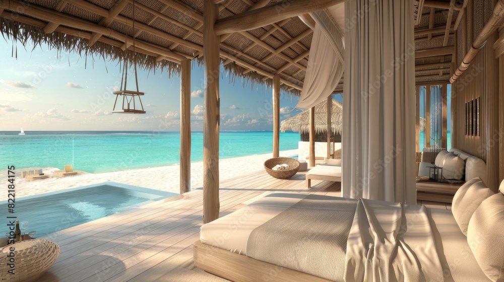 Wall mural beachside bedroom with light, breezy decor, offering sweeping ocean vistas and incorporating natural materials for a soothing ambiance.