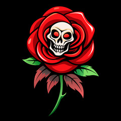 Art piece of a red rose in full bloom with a skull at its core, surrounded by green leaves on a dark background