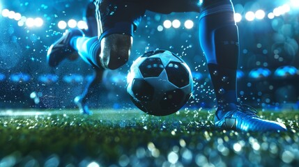 Soccer Match Championship: Blue Team Attacks, Black Forward Masterfully Dribbles. Broadcast concept for a television channel.