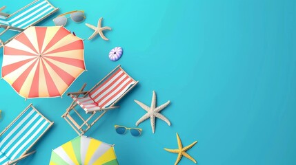 Obraz premium Summer vacation concept and beach umbrella on blue background. 3D rendering.
