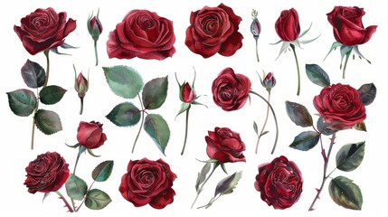 On a white background, a set of watercolor elements of red, burgundy roses collection, leaves, and branches is shown.
