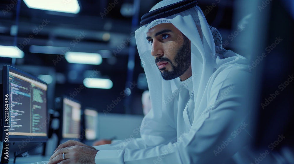Poster a middle eastern software developer updating a server system database on a desktop computer. gulf ma