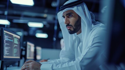 A Middle Eastern Software Developer updating a server system database on a desktop computer. Gulf Man Working in an Office. Arab System Administrator.