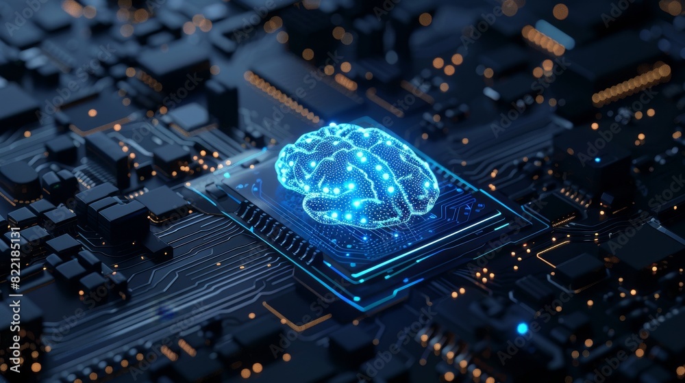 Poster 3d rendering of artificial intelligence hardware concept. blue circuit on a microchip on computer mo