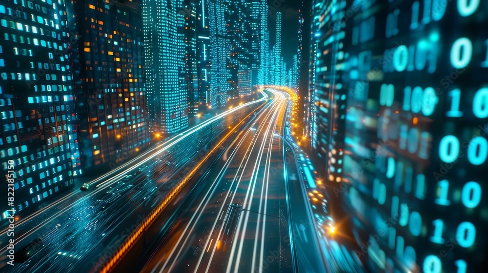 Poster detailed render of abstract highway route through digital binary towers in city. concept of big data