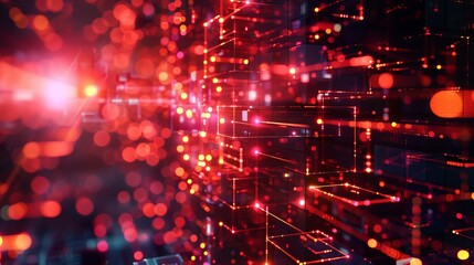 Obraz premium Abstract effect. Future technology. Glare cubes. Digital CPU signals. Shine grid. Big data set. Neon flares. Quantum computing systems. Magic code. Grid HUD lines. Web devices. Blocks.