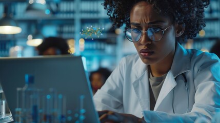 Close-up of a University Professor using a laptop computer with artificial intelligence materials. Female Teacher Speaking to a Class of Diverse Students.