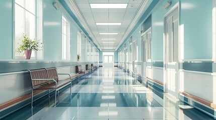 A 3D rendering of a long and bright hospital corridor with rooms and seats