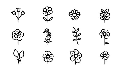 collection of spring flowers icons and illustrations. balck and white concept