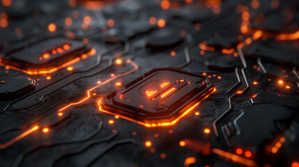 digital technology background modern cyber tech wallpaper, glowing circuit lines on black motherboard 