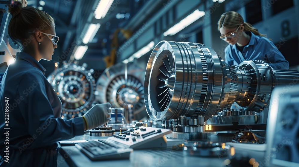 Poster using computers and measuring tools, scientists, engineers and machinery operators collaborate on th