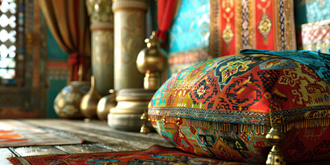 Obraz premium Journey Around the World: Exotic Patterns and Global Treasures Adorn the Interior of this Stylish Room