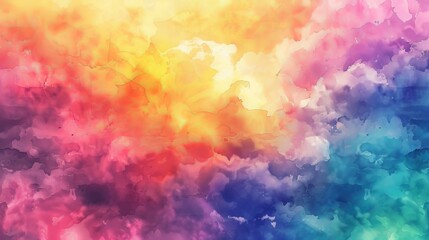 Background of pink, green, blue, yellow, and purple pastel rainbow colors of an abstract sunset sky with puffy clouds