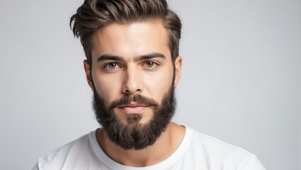 Fototapeta premium headshot of bearded handsome guy model on plain white background studio from Generative AI