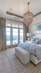 beachside bedroom with light, breezy decor, offering sweeping ocean vistas and incorporating natural materials for a soothing ambiance.