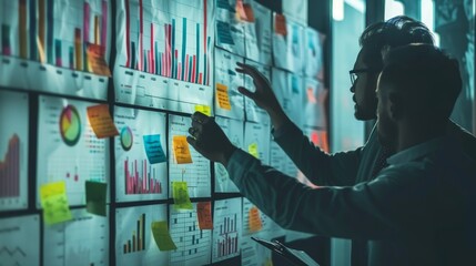 A businesswoman uses sticky notes to brainstorm ideas and plan a project.