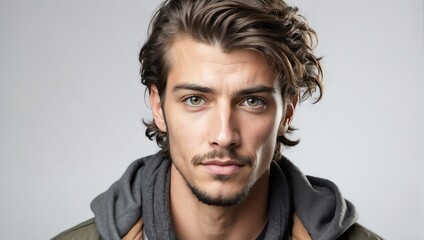 Fototapeta premium headshot of homeless handsome guy model on plain white background studio from Generative AI