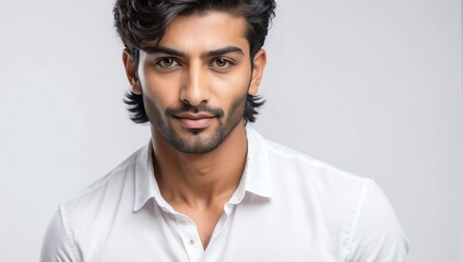 Fototapeta premium headshot of indian handsome guy model on plain white background studio from Generative AI